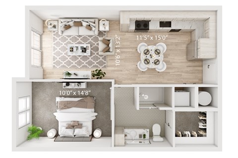 Floor plan for 1 bed, 1 bath, 685 sqft